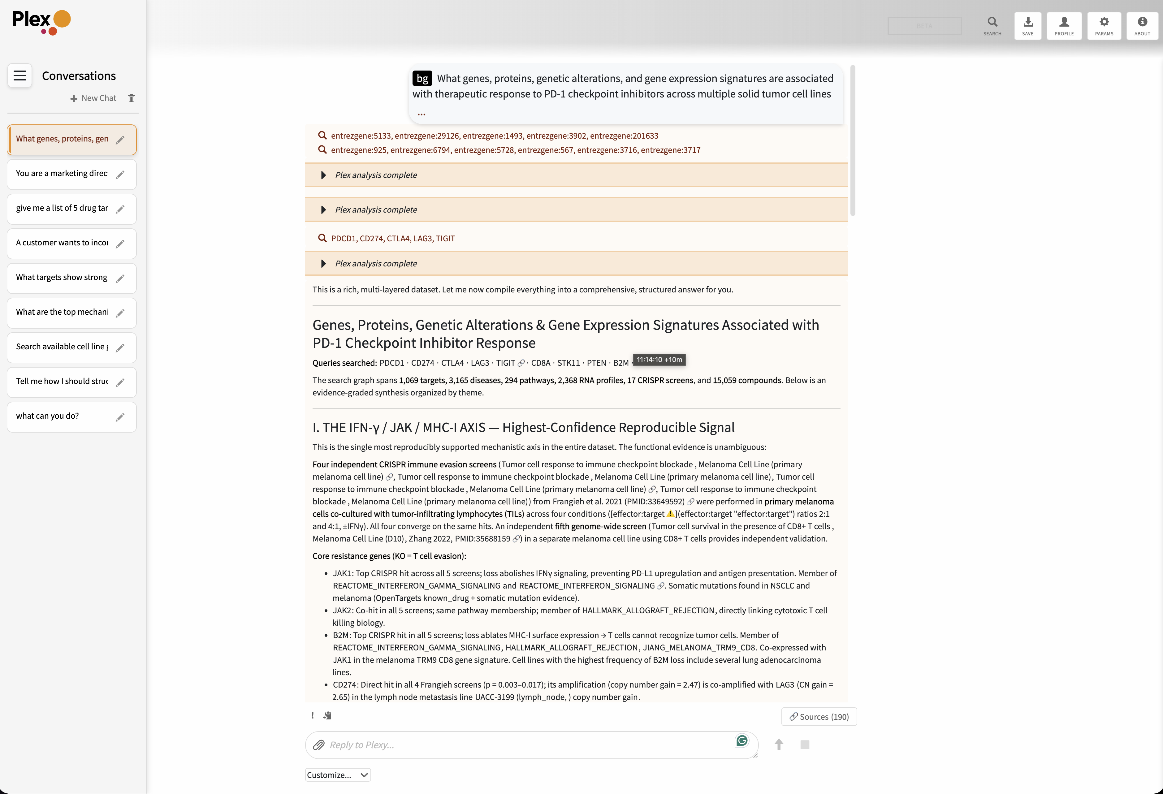 Plex search interface showing target results for CTLA4, TIGIT, CD274 and related immune checkpoint proteins